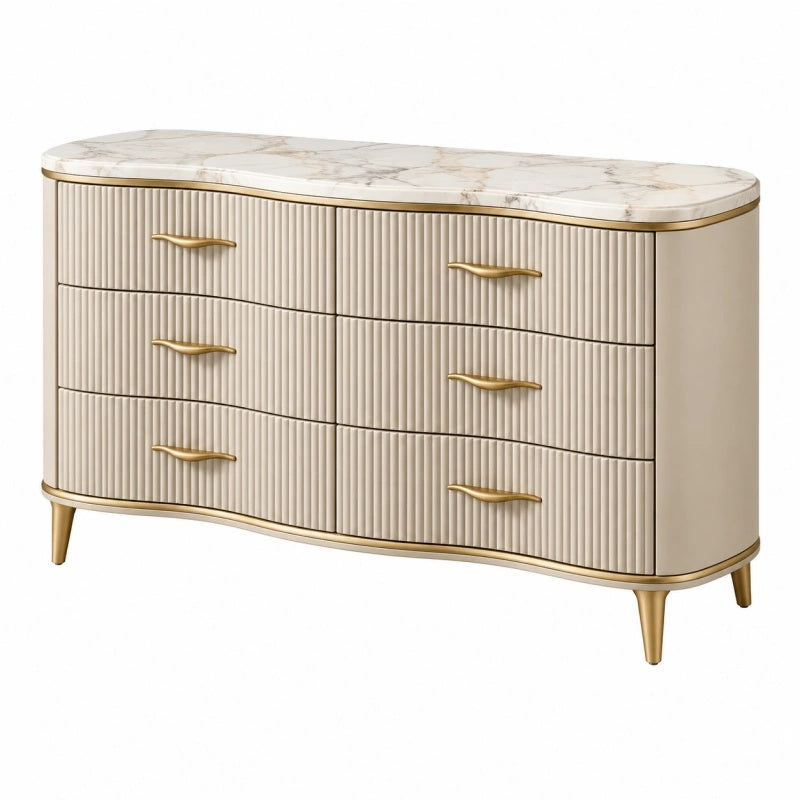 Kommode 160 x 45 x 85 cm in Creme mit Marmoroptik und sechs Schubladen