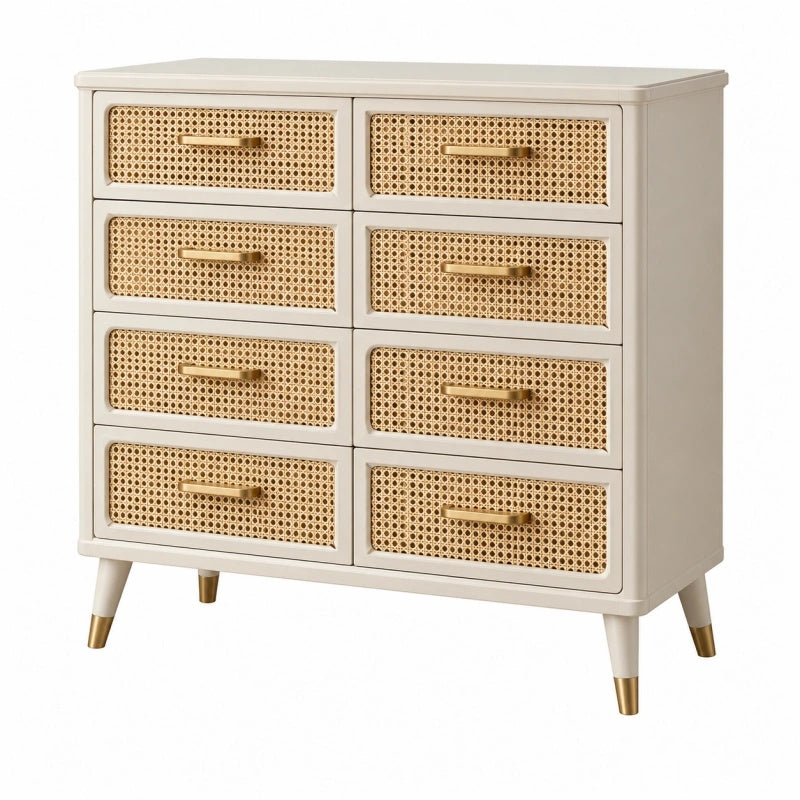 Kommode 120 x 40 x 100 cm Creme Rattan-Geflecht 8 Schubladen Retro-Stil