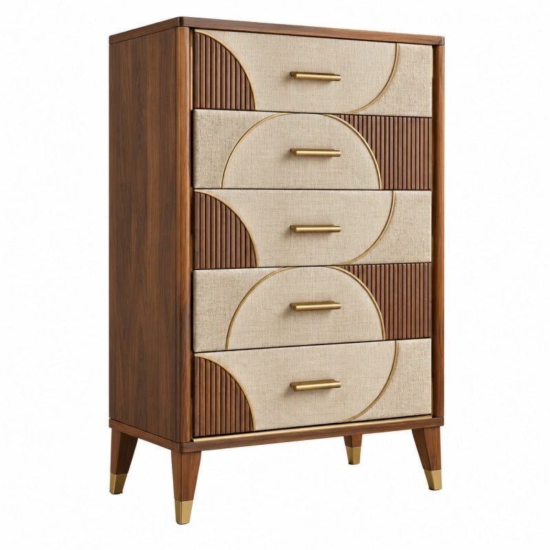 Kommode 80 x 45 x 120 cm aus Holz und Textil in Braun Beige mit 5 Schubladen