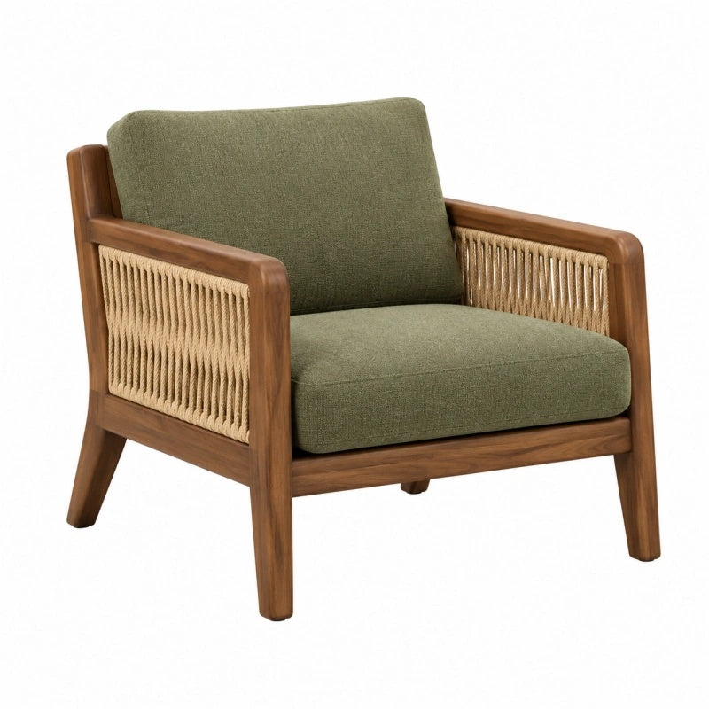 Sessel 76 x 78 x 80 cm Holz Seilgeflecht Grün Braun Wohnzimmer Retro