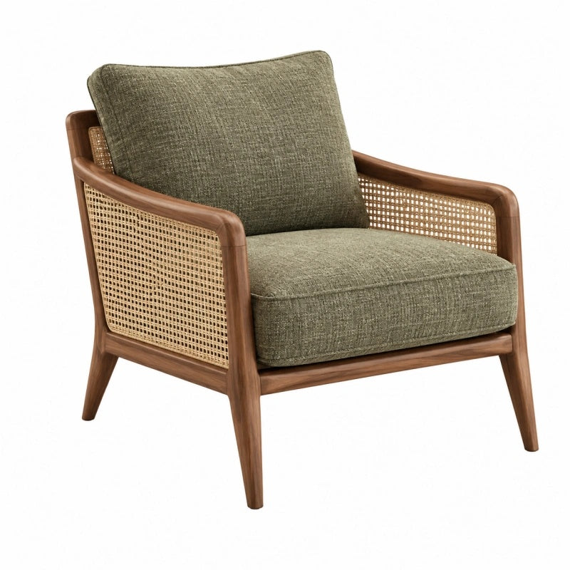 Sessel 72 cm x 78 cm x 82 cm aus Holz Rattangeflecht und Textil in Olivgrün Braun - Retro Wohnzimmermöbel