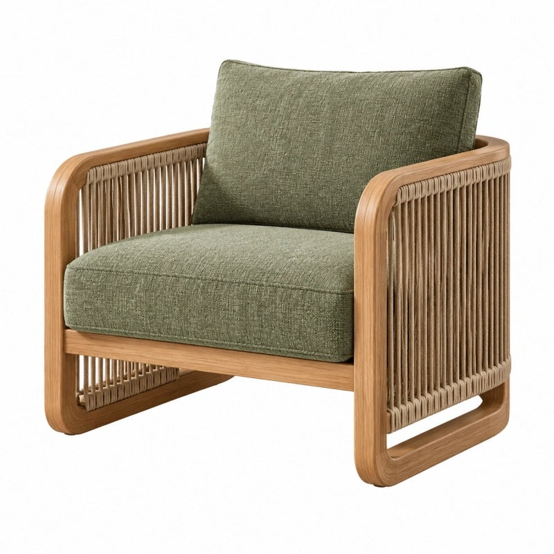 Sessel 78 x 75 x 78 cm aus Holz und Kordelgeflecht in Grün - gepolsterter Loungesessel