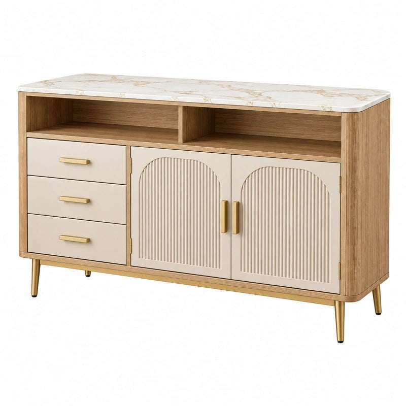 Sideboard 140 x 40 x 85 cm Holzwerkstoff Naturweiß mit Marmoroptik und Stauraum - Martrania