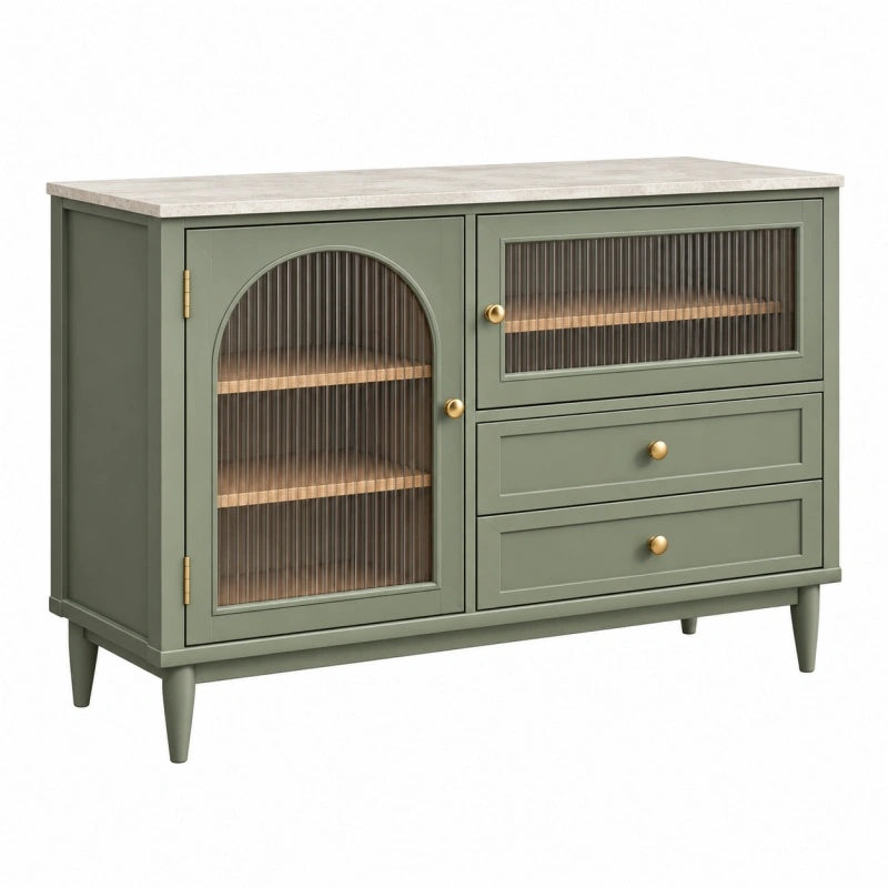 Sideboard 120 x 40 x 85 cm Salbeigrün Holz und Riffelglas mit Schubladen im Vintage-Stil - Martrania