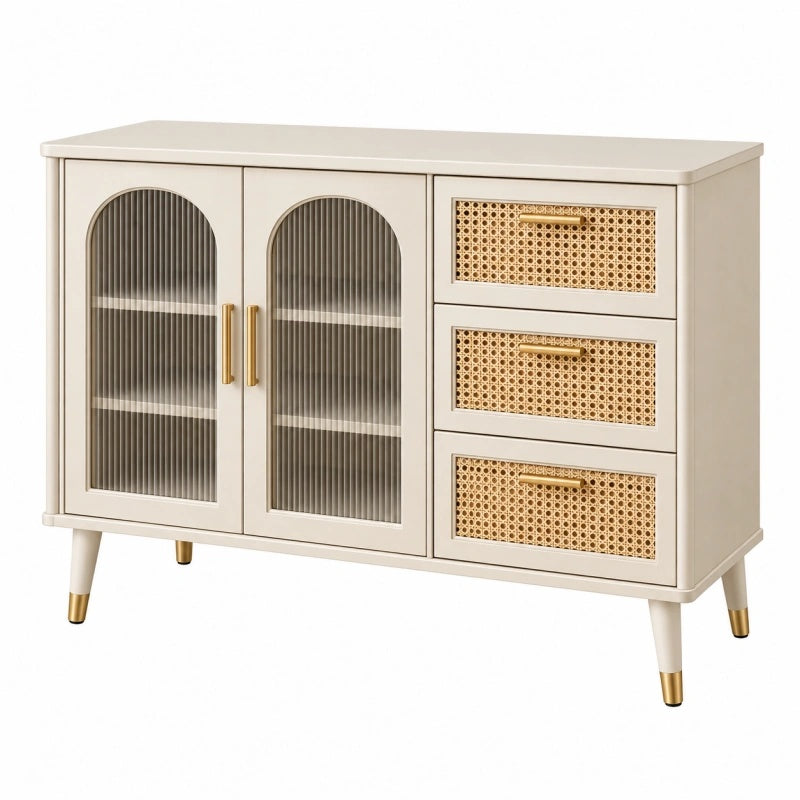 Sideboard 120 x 40 x 85 cm Creme Holzwerkstoff mit Glasfronten und Rattangeflecht - Martrania