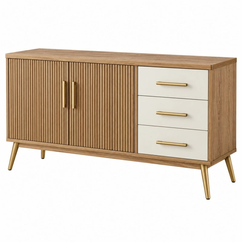 Sideboard 140 x 40 x 80 cm Holzwerkstoff Eichefarben Creme mit 3 Schubladen und 2 Türen im Mid Century Stil - Martrania