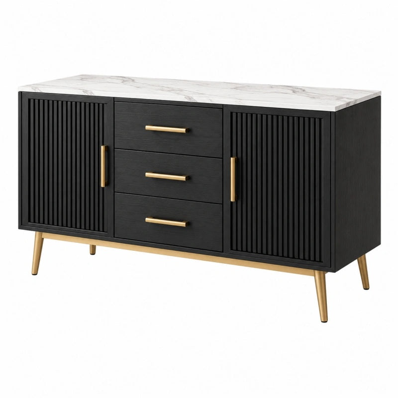 Sideboard 140 x 40 x 80 cm Schwarz Weiß Holzwerkstoff mit Marmoroptik 3 Schubladen 2 Türen - Martrania