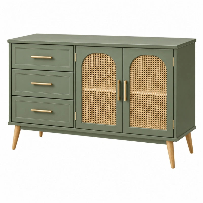 Sideboard 120 x 40 x 80 cm aus Holz in Grün mit Naturgeflecht Mid Century Stil - Martrania