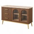 Sideboard 140 x 40 x 85 cm in Walnussbraun mit geriffeltem Glas und Steinoptik moderne Aufbewahrung - Martrania