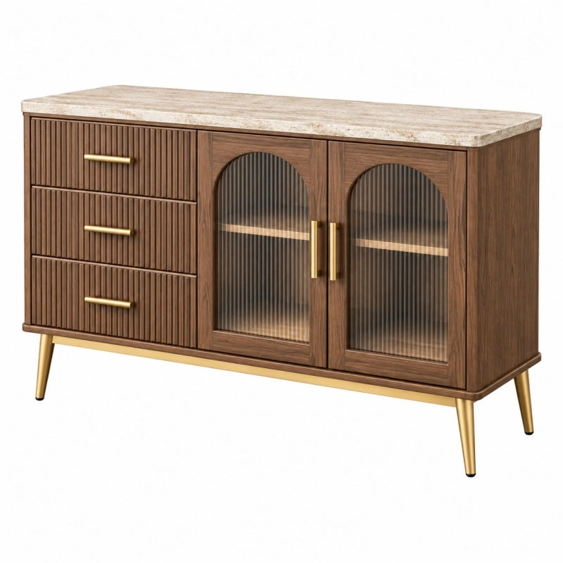 Sideboard 140 x 40 x 85 cm in Walnussbraun mit geriffeltem Glas und Steinoptik moderne Aufbewahrung - Martrania