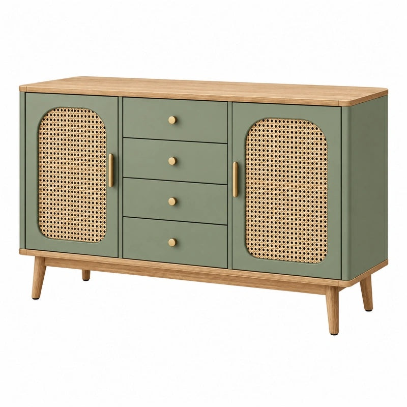 Sideboard 140 x 40 x 85 cm Holz Rattan Grün mit 4 Schubladen und 2 Türen - Martrania