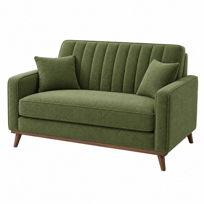 Zweisitzer Sofa 150 x 85 x 85 cm olivgrüner Stoffbezug mit Holzfüßen im Retro-Stil